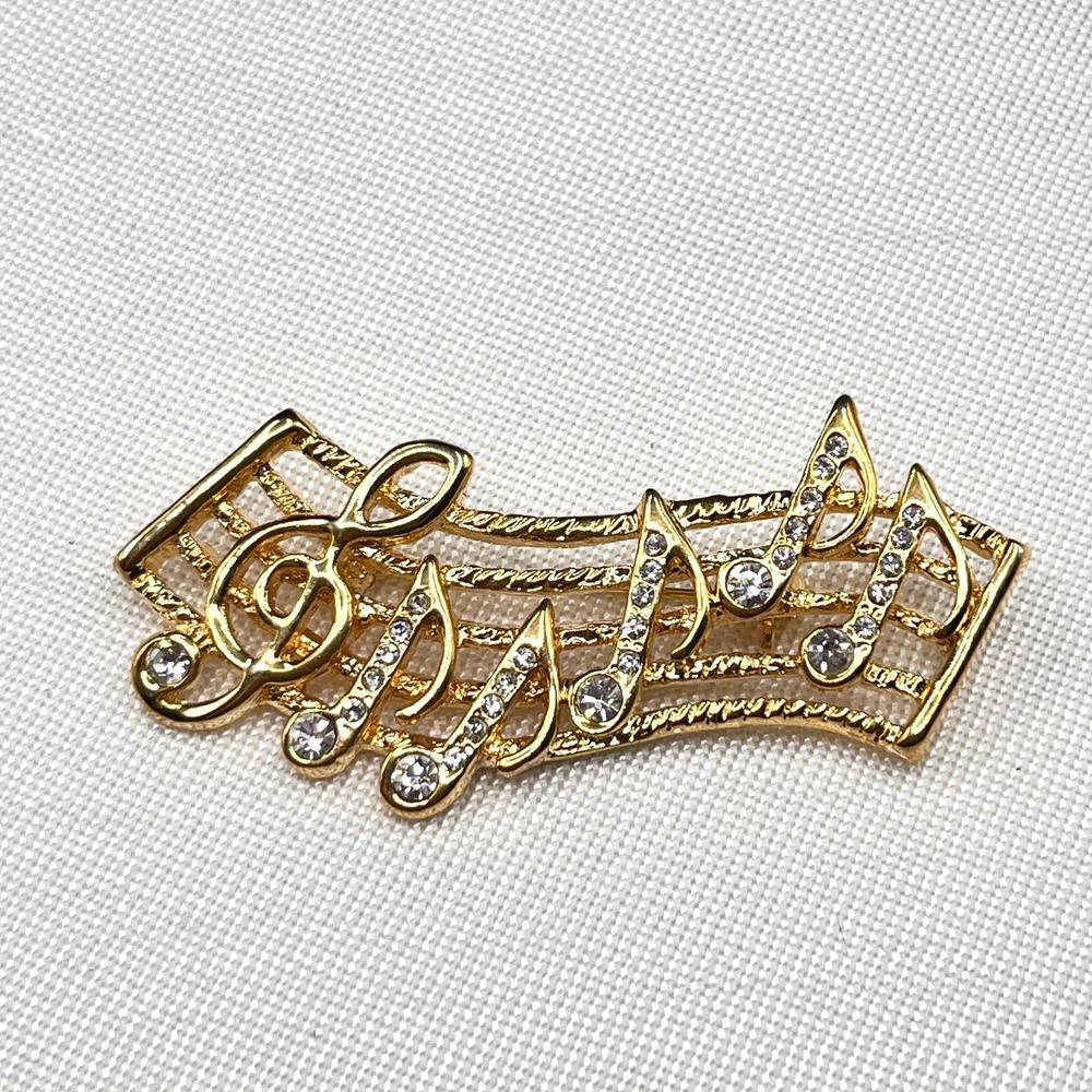 Vintage Gold Tone Musical Notes Sheet Music Scales Brooch w/ Rhinestones